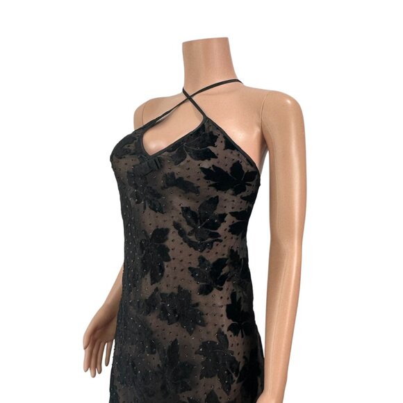 Vintage Morgan Taylor Black Sheer Slip Dress SZ S Velvet Floral By Fantasies - Picture 4 of 16